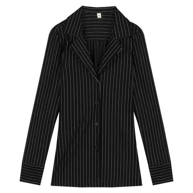 Vintage Blouses Black Stripe Slim fit Shirts Long Sleeve Top Women Korean Fashion Office Lady Aesthetic Elegant Shirt Women