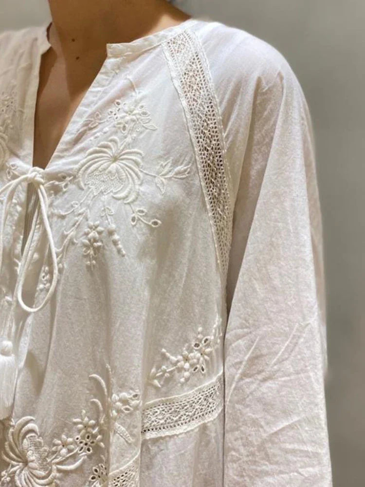 DressBetty - 2024 Elegant Embroidered White Lace V-Neck Boho Dress