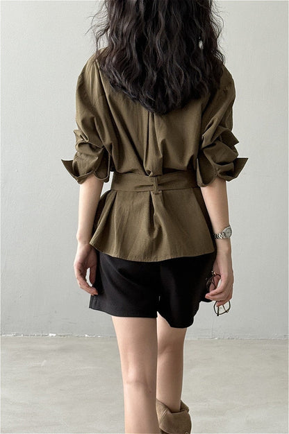 Vintage Waist Cinched Belted Long Sleeve Blouse