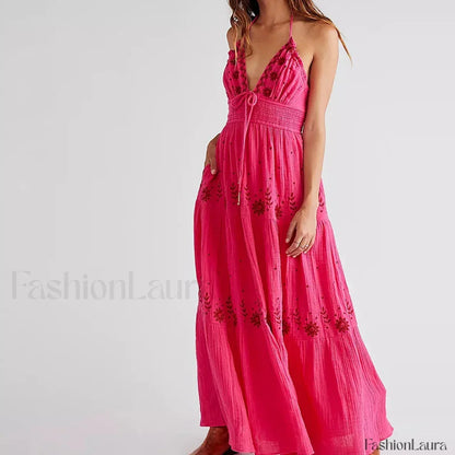 Backless Halter Embroidery Boho Dress