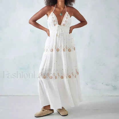 Backless Halter Embroidery Boho Dress