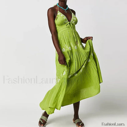 Backless Halter Embroidery Boho Dress
