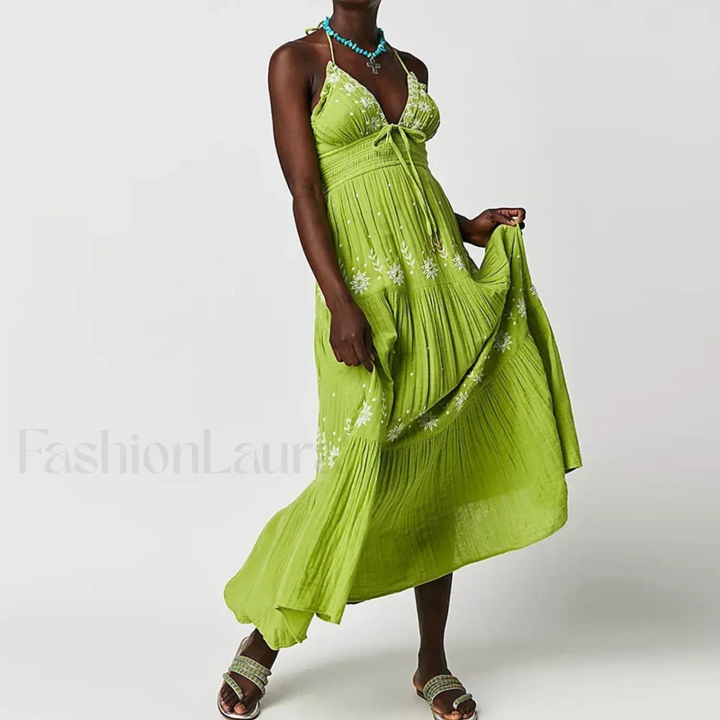 Backless Halter Embroidery Boho Dress