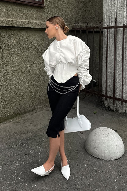 Boned Waist Loose Puff Sleeve Blouse