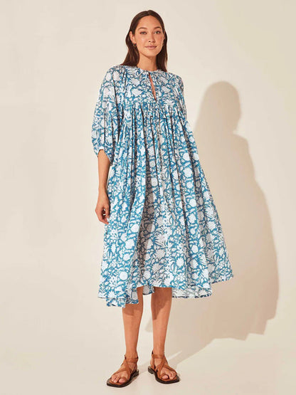 Summer Floral Print Women Loose Casual Mid-Sleeve Half Open Collar Loose Boho Dress