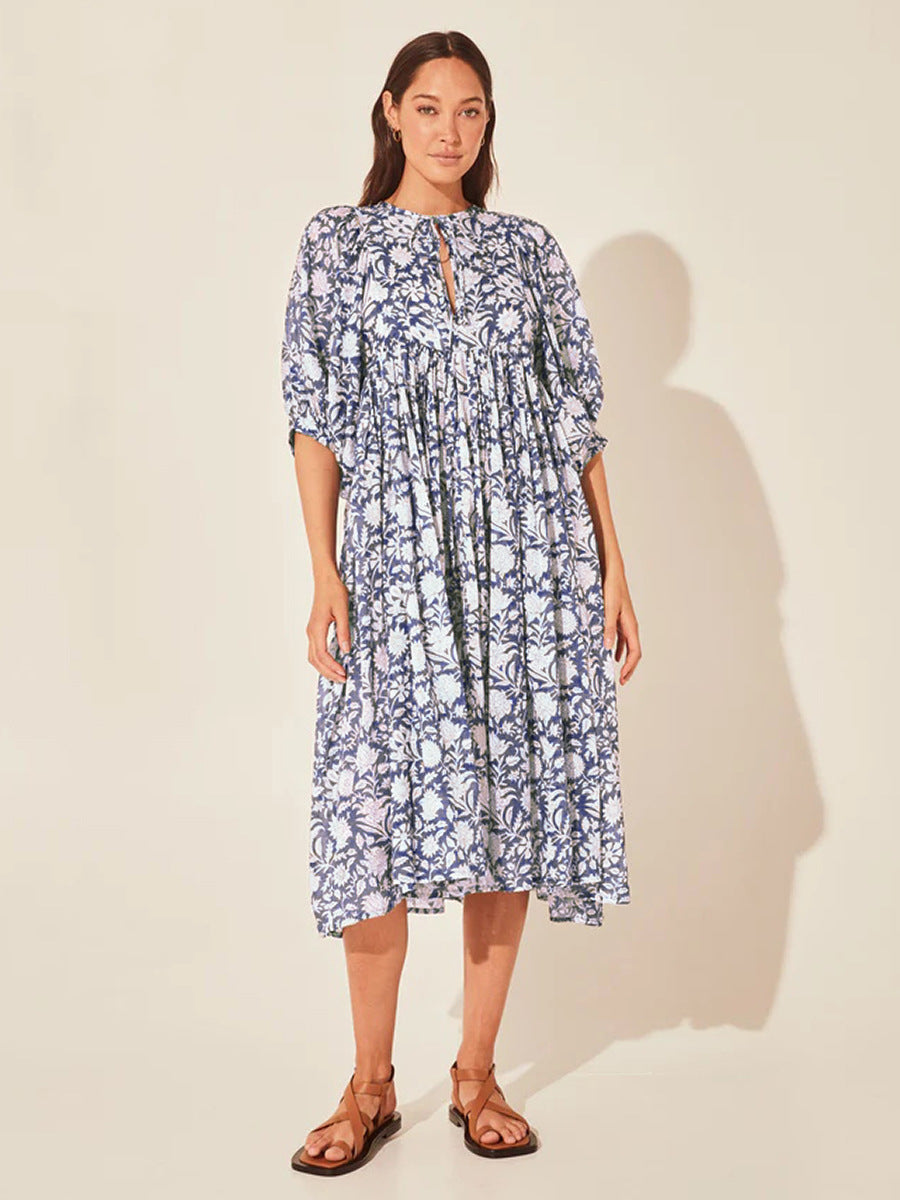 Summer Floral Print Women Loose Casual Mid-Sleeve Half Open Collar Loose Boho Dress