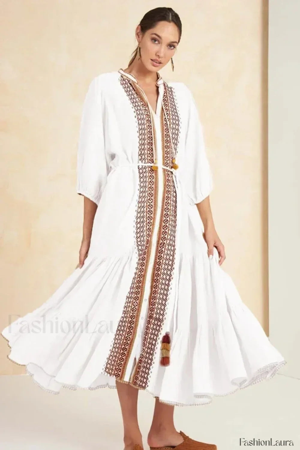 Cotton Flare-Sleeve Boho Dress