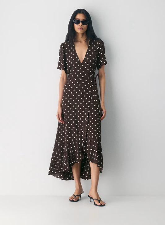 Crepe midi wrap dress with polka-dot pattern