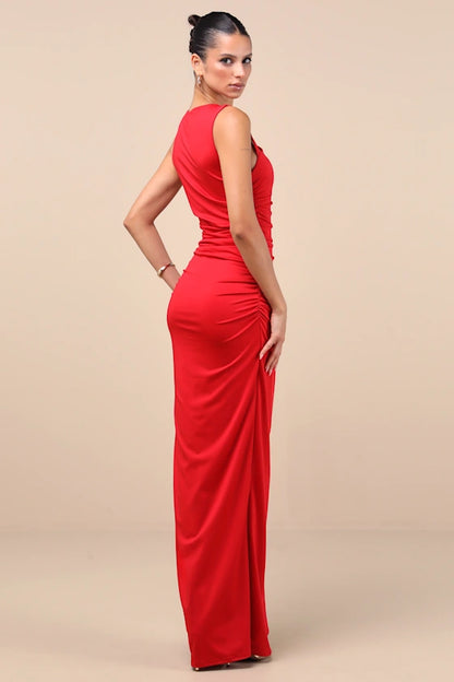 Enticing Darling Red Asymmetrical Ruched Maxi Dress