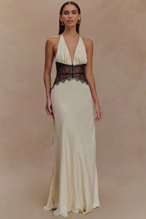 Lace Patchwork Backless Halter Boho Dress