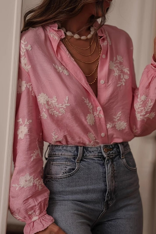 Printed Collared Lantern Sleeve Elegant Long Sleeve Blouse