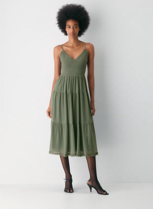 Chiffon tiered V-neck midi dress— sagesse