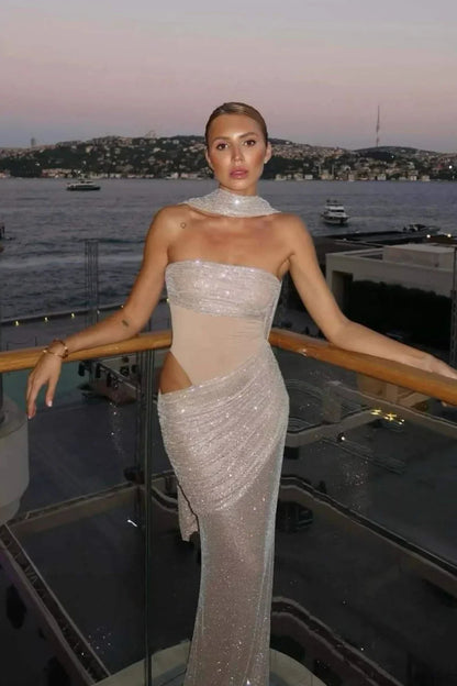 Glamorous Rhinestone Tulle Paneled Strapless Evening Dress