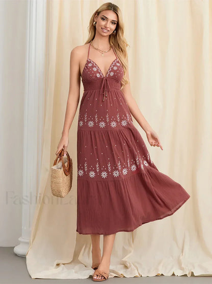 Halter Tie-Up Embroidered Boho Dress