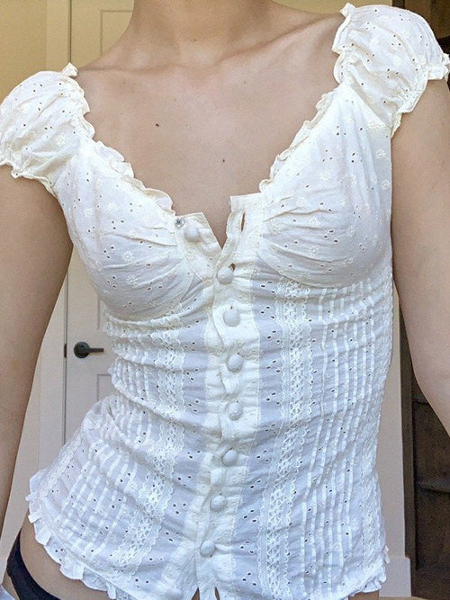 Button Down Embroidered Lace Crop Blouse