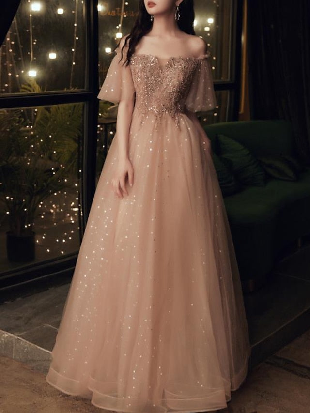 A-Line Glittering Elegant Wedding Guest Formal Evening Dress Scoop Neck Short Sleeve Floor Length Tulle with Pleats Sequin 2022