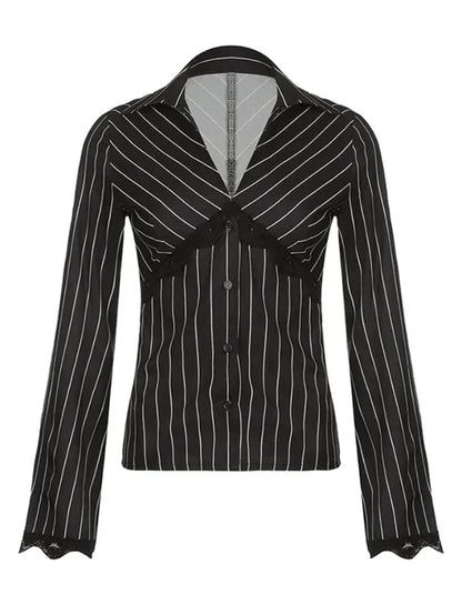 Vintage Long Sleeve Striped Blouse with V Neck and Lace Detail