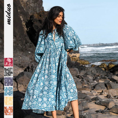 Summer Floral Print Women Loose Casual Mid-Sleeve Half Open Collar Loose Boho Dress