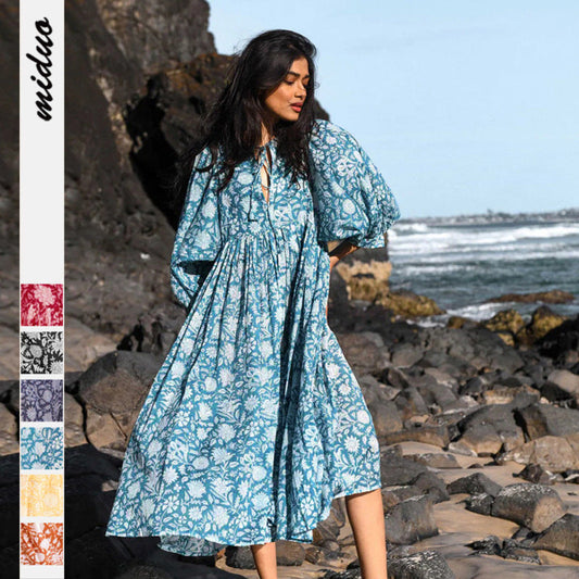 Summer Floral Print Women Loose Casual Mid-Sleeve Half Open Collar Loose Boho Dress