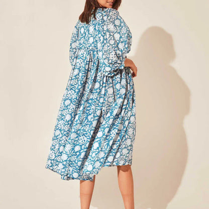Summer Floral Print Women Loose Casual Mid-Sleeve Half Open Collar Loose Boho Dress