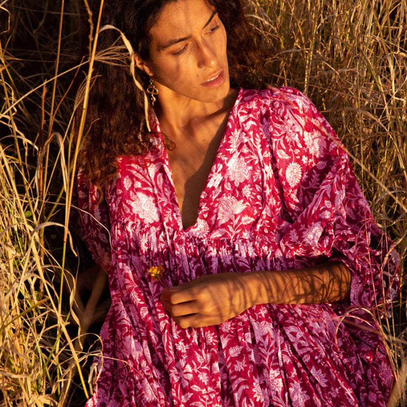 Summer Floral Print Women Loose Casual Mid-Sleeve Half Open Collar Loose Boho Dress