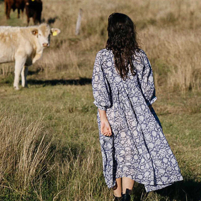 Summer Floral Print Women Loose Casual Mid-Sleeve Half Open Collar Loose Boho Dress