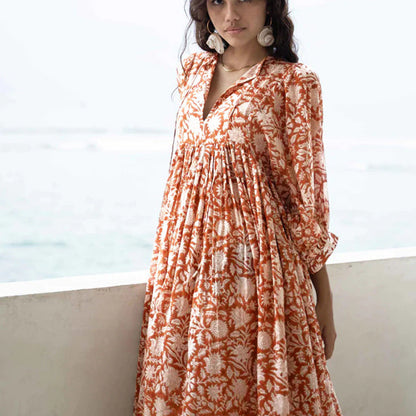 Summer Floral Print Women Loose Casual Mid-Sleeve Half Open Collar Loose Boho Dress
