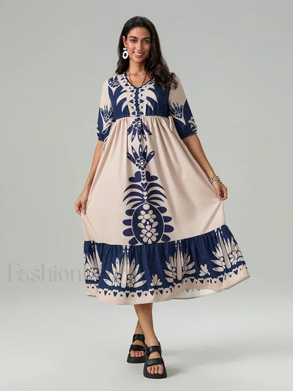 Printed V-Neck Summer Boho Dress