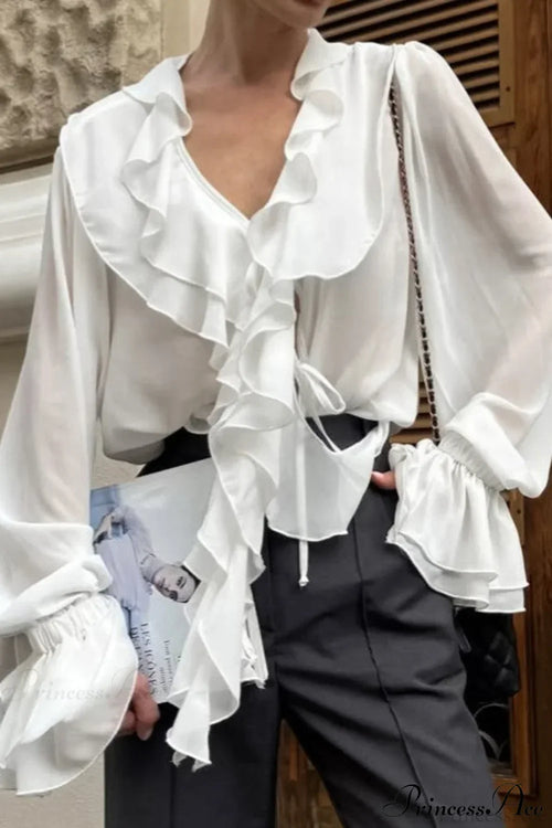 Ruffled V-Neck Long-Sleeve Tie-Waist French Blouse