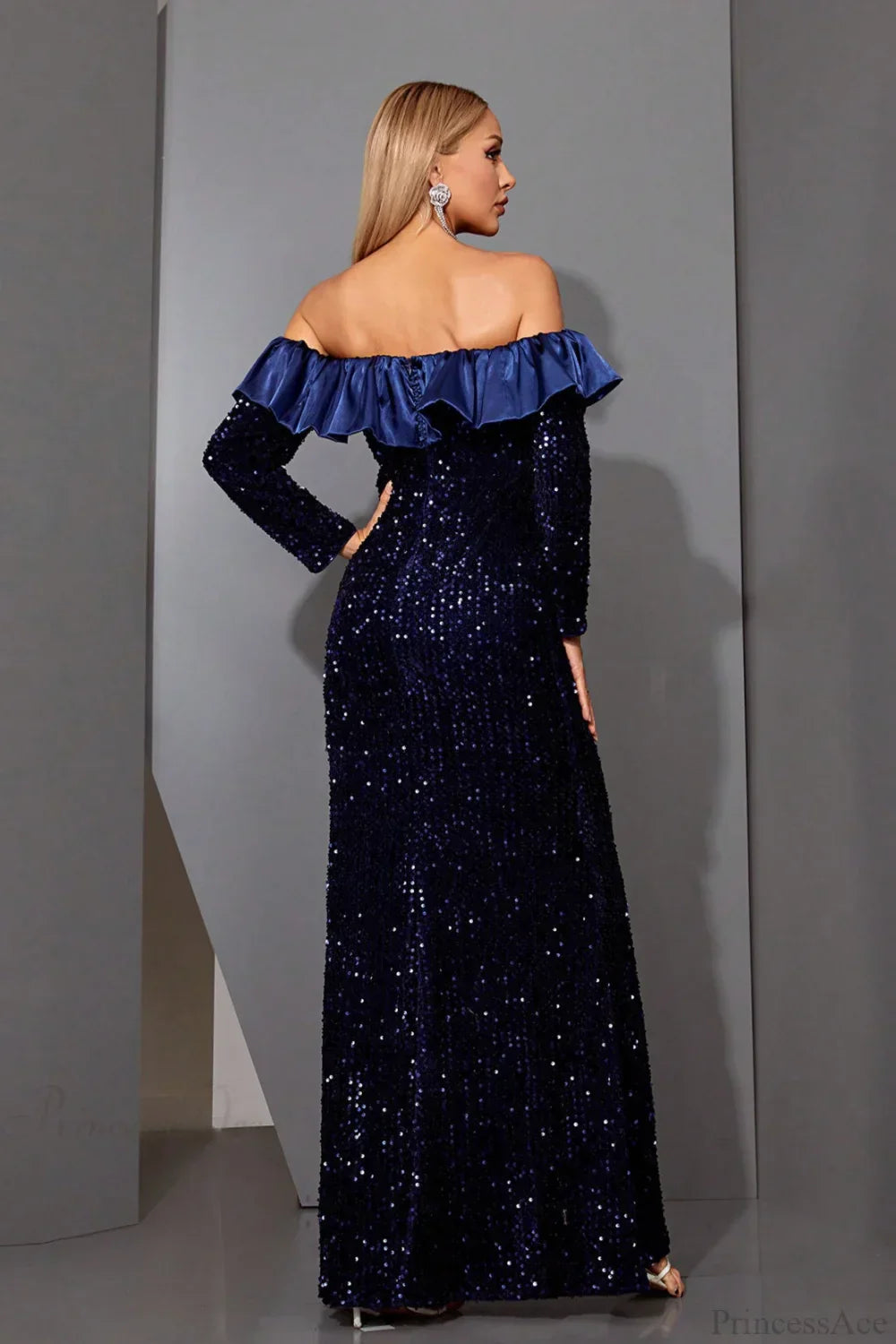 Sequin Off-the-Shoulder Long Sleeve Fitted Mermaid Evening Dress