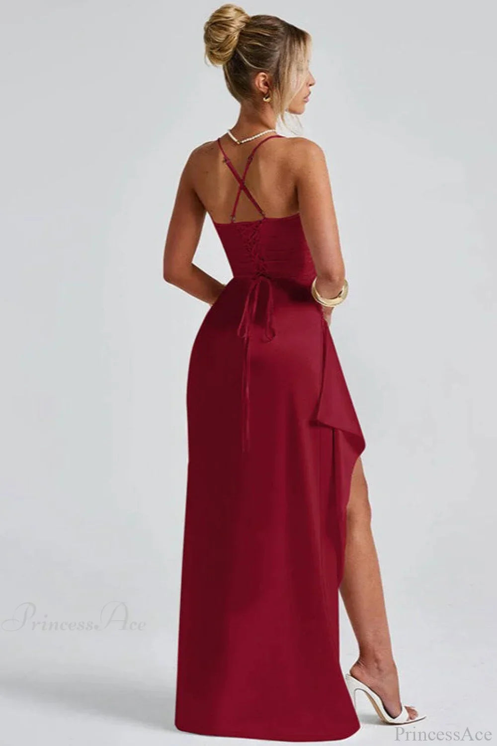 Sexy Solid Spaghetti Strap Back Tie Slit Evening Dress