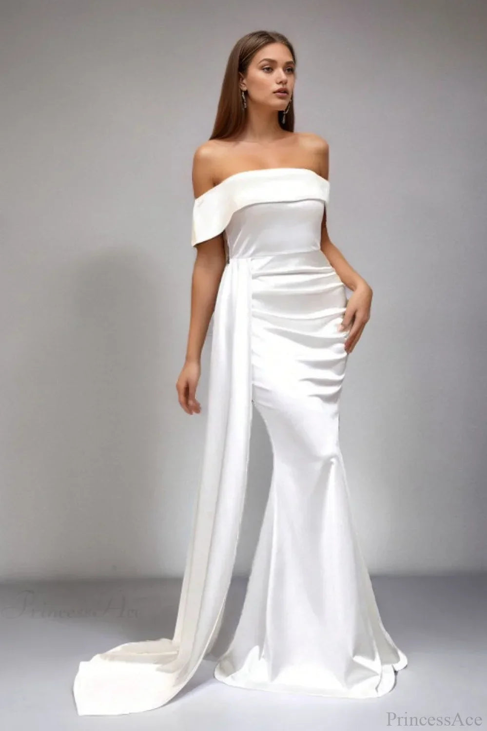 Solid Satin Off-the-Shoulder High Waist Mermaid Evening Dress