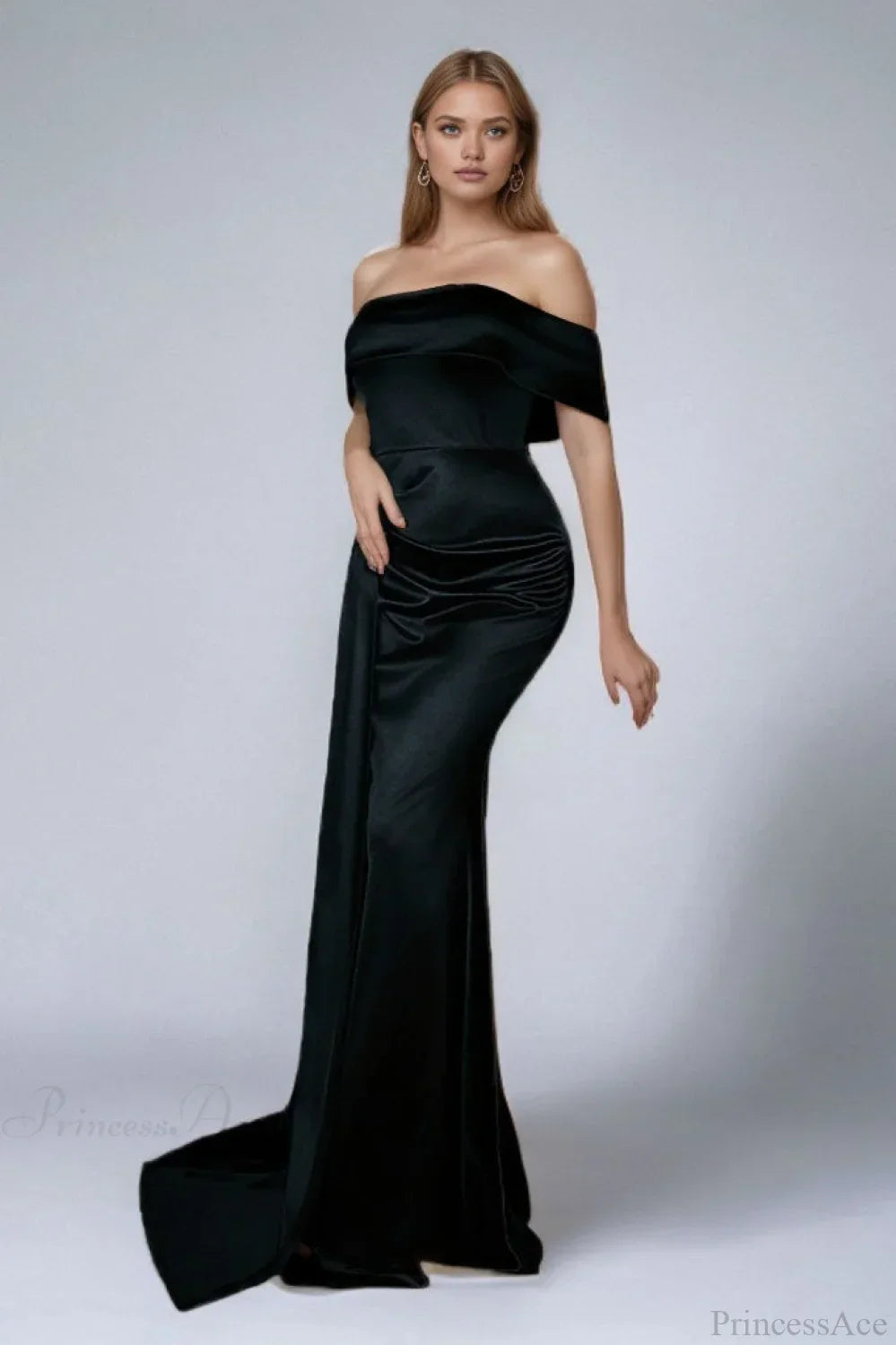 Solid Satin Off-the-Shoulder High Waist Mermaid Evening Dress