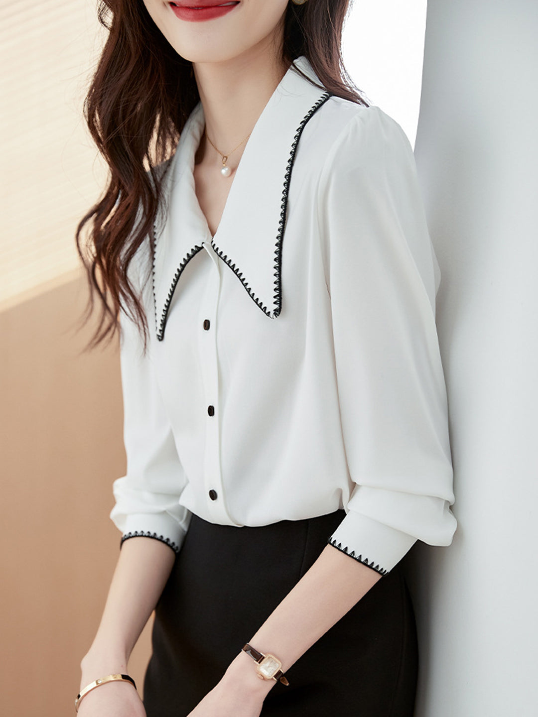 Elvira Casual Doll Collar Chiffon Blouse-Pink