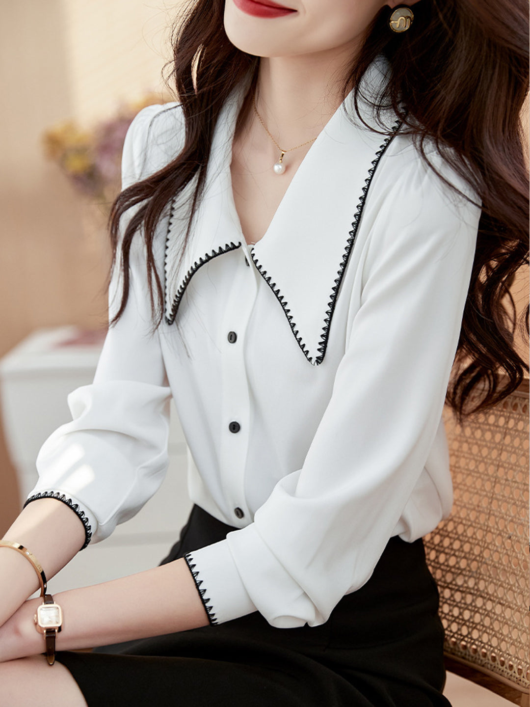 Elvira Casual Doll Collar Chiffon Blouse-Pink