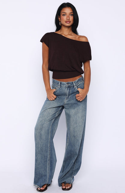 Can't Change My Mind Off Shoulder Cinched Top Chocolate