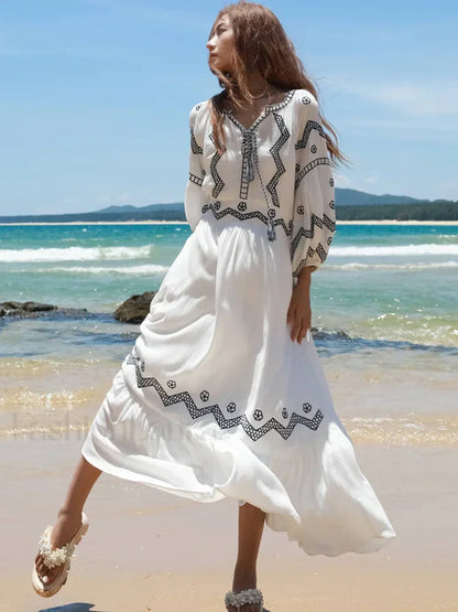 White Retro V-Neck Boho Dress